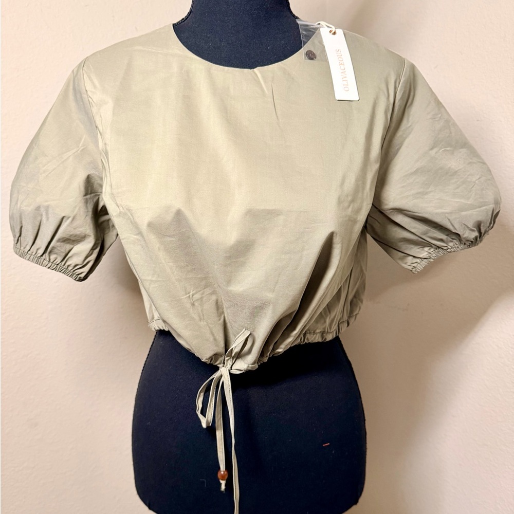 Olivaceous Olive Drawstring Puff Sleeve Crop Top